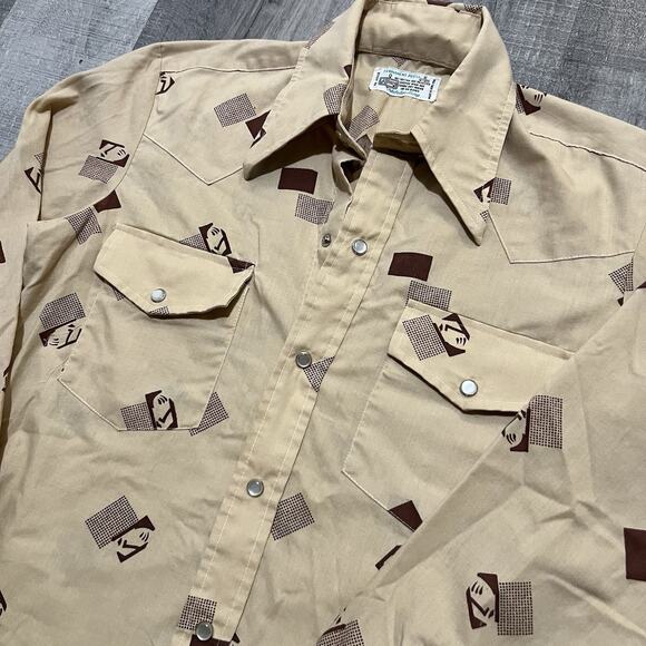 VTG 1970s Hippie Disco Pearl Snap Permanent Press Face Print MOD Collared Shirt - Picture 2 of 4